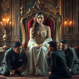 A stunningly beautiful woman sitting regally on an ornate throne, her expression confident and commanding