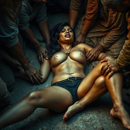 A sultry Indian woman with alluring legs, lying on the floor in a gritty slum atmosphere, surrounded by several Indian men dressed in tattered clothing