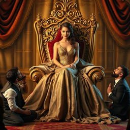 A gorgeous woman sitting majestically on an ornate throne, exuding confidence and beauty