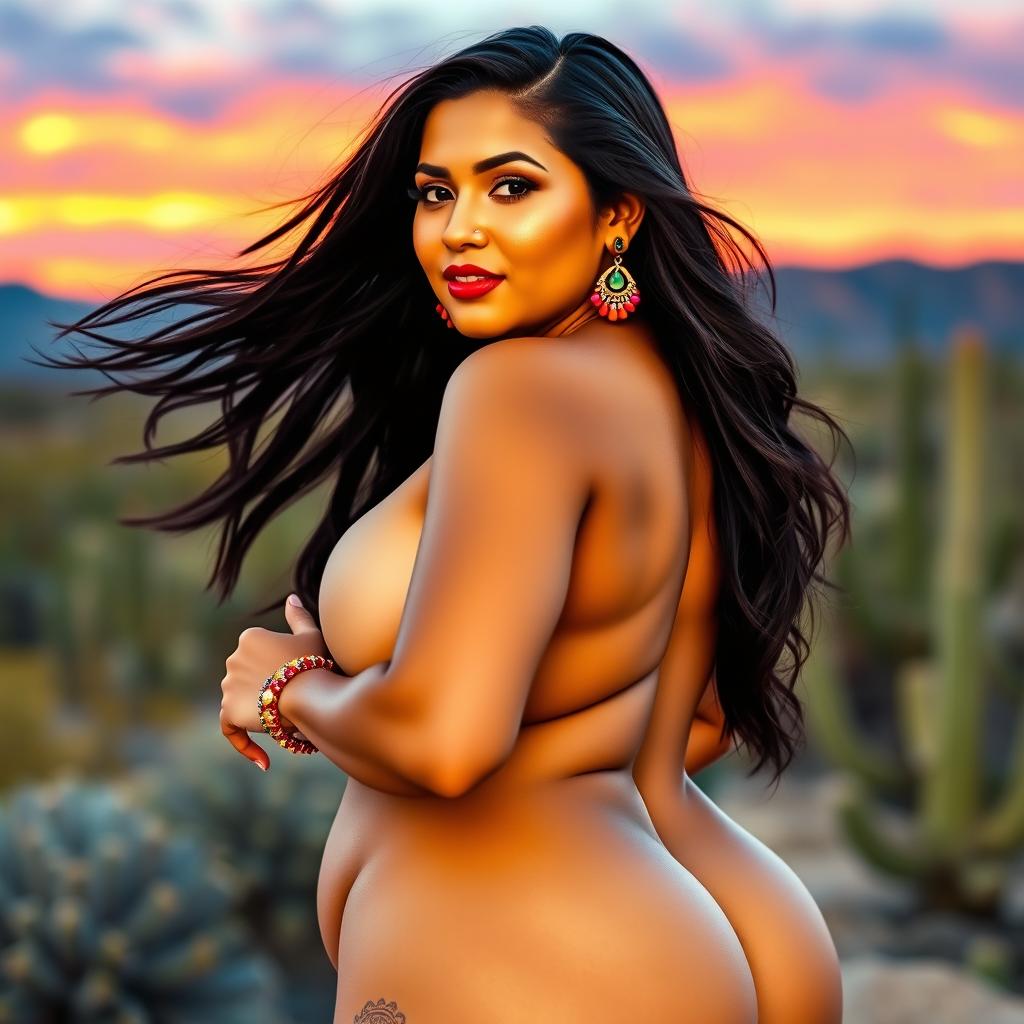 A beautiful Mexican woman with a curvy figure, emphasized by her big buttocks, standing confidently in an outdoor setting