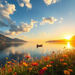 A serene landscape featuring a tranquil lake surrounded by lush mountains under a bright blue sky with fluffy white clouds