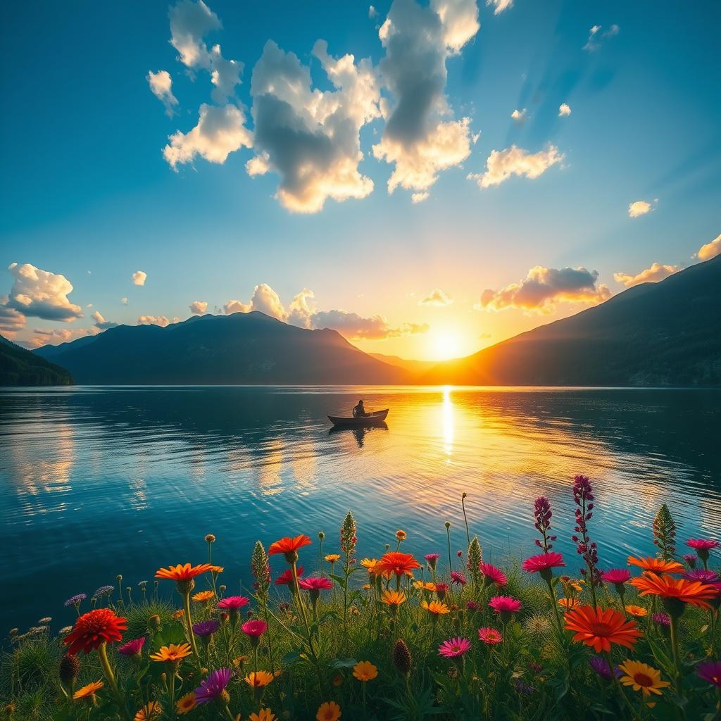 A serene landscape featuring a tranquil lake surrounded by lush mountains under a bright blue sky with fluffy white clouds