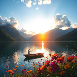 A serene landscape featuring a tranquil lake surrounded by lush mountains under a bright blue sky with fluffy white clouds