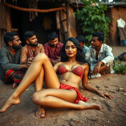 A sultry Indian woman with beautifully accentuated legs, lying gracefully on the earth outside an Indian village, surrounded by a group of men engaged in an intimate moment