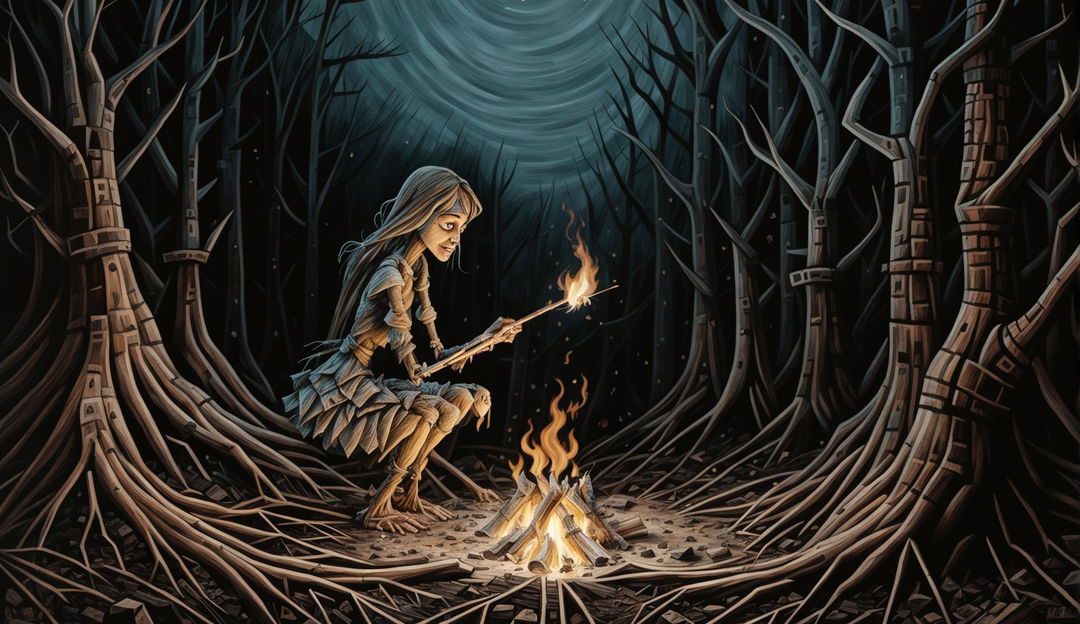 A Tim Burton-style wooden woman starting a campfire in a haunted forest at night.