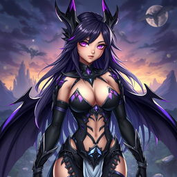 A highly stylized, attractive female character inspired by the Ender Dragon from a popular video game franchise, with glowing purple eyes and sleek black scales