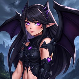 A highly stylized, attractive female character inspired by the Ender Dragon from a popular video game franchise, with glowing purple eyes and sleek black scales