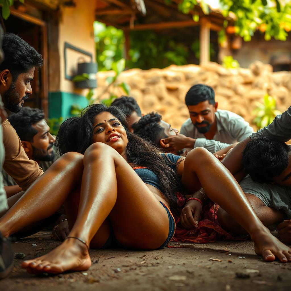 An alluring Indian woman with strikingly attractive legs, lying on the ground outside a quaint Indian village, enveloped in a vibrant atmosphere