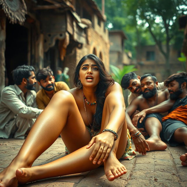 An alluring Indian woman with strikingly attractive legs, lying on the ground outside a quaint Indian village, enveloped in a vibrant atmosphere