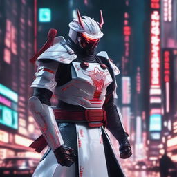 Generate an image of a regal Cyberpunk Samurai in captivating white armor with red accents