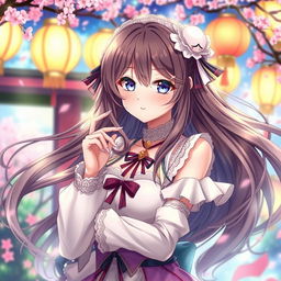 A stunning anime character with alluring features, depicted in a fantastical setting