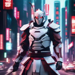 Generate an image of a regal Cyberpunk Samurai in captivating white armor with red accents