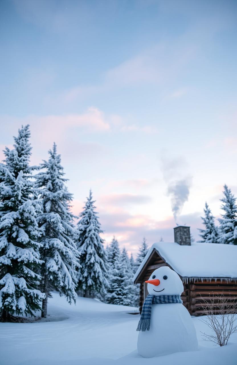 A peaceful winter landscape featuring a serene snowfall, pine trees covered in white, a quaint log cabin with smoke rising from the chimney, and soft, fluffy snowflakes gently falling