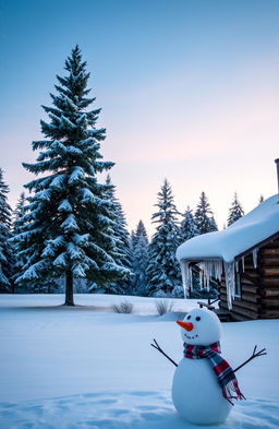 A peaceful winter landscape featuring a serene snowfall, pine trees covered in white, a quaint log cabin with smoke rising from the chimney, and soft, fluffy snowflakes gently falling