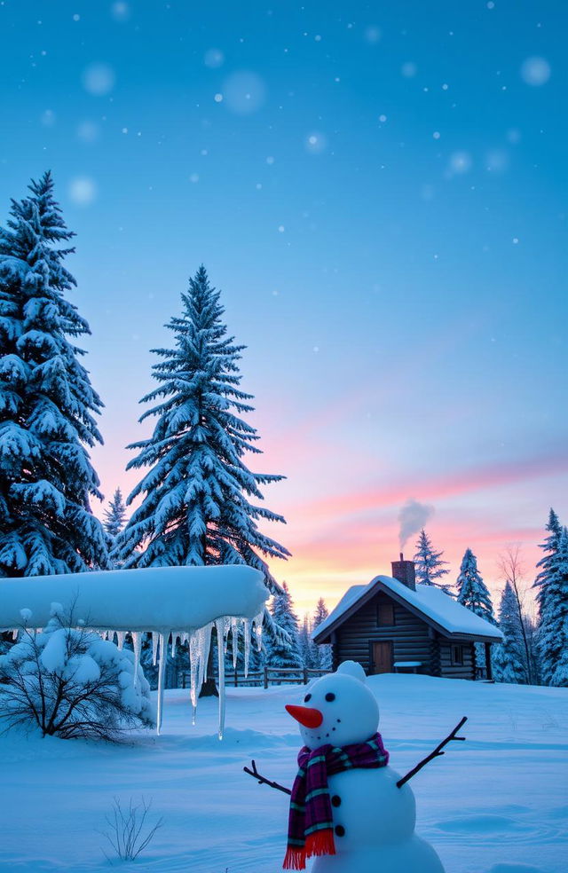 A peaceful winter landscape featuring a serene snowfall, pine trees covered in white, a quaint log cabin with smoke rising from the chimney, and soft, fluffy snowflakes gently falling