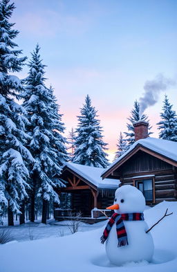 A peaceful winter landscape featuring a serene snowfall, pine trees covered in white, a quaint log cabin with smoke rising from the chimney, and soft, fluffy snowflakes gently falling
