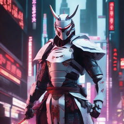 Generate an image of a regal Cyberpunk Samurai in captivating white armor with red accents