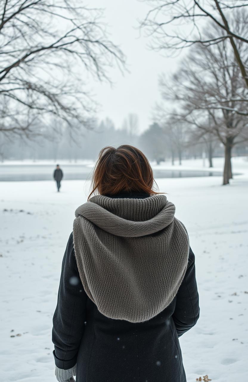 A winter landscape representing unrequited love, featuring a snow-covered park with bare trees and a serene frozen lake