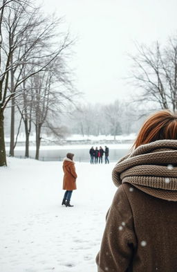 A winter landscape representing unrequited love, featuring a snow-covered park with bare trees and a serene frozen lake