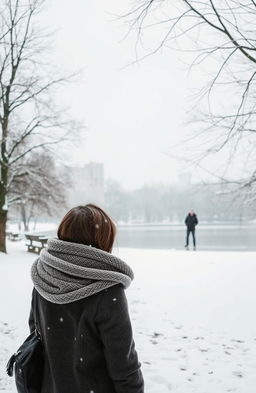 A winter landscape representing unrequited love, featuring a snow-covered park with bare trees and a serene frozen lake