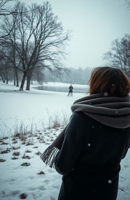 A winter landscape representing unrequited love, featuring a snow-covered park with bare trees and a serene frozen lake