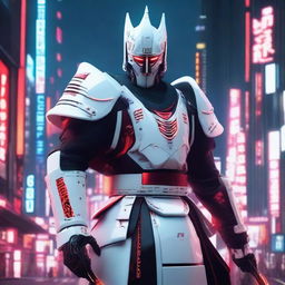 Generate an image of a regal Cyberpunk Samurai in captivating white armor with red accents