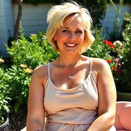 A woman in her early 40s, showcasing soft curves and natural rolls, wears a casual and flattering outfit that complements her fuller figure
