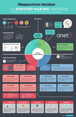 A detailed infographic illustrating the spectrum of decision-making processes, showcasing various decision-making models and their applications in different fields such as business, psychology, and healthcare