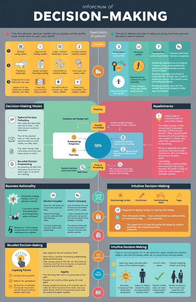 A detailed infographic illustrating the spectrum of decision-making processes, showcasing various decision-making models and their applications in different fields such as business, psychology, and healthcare