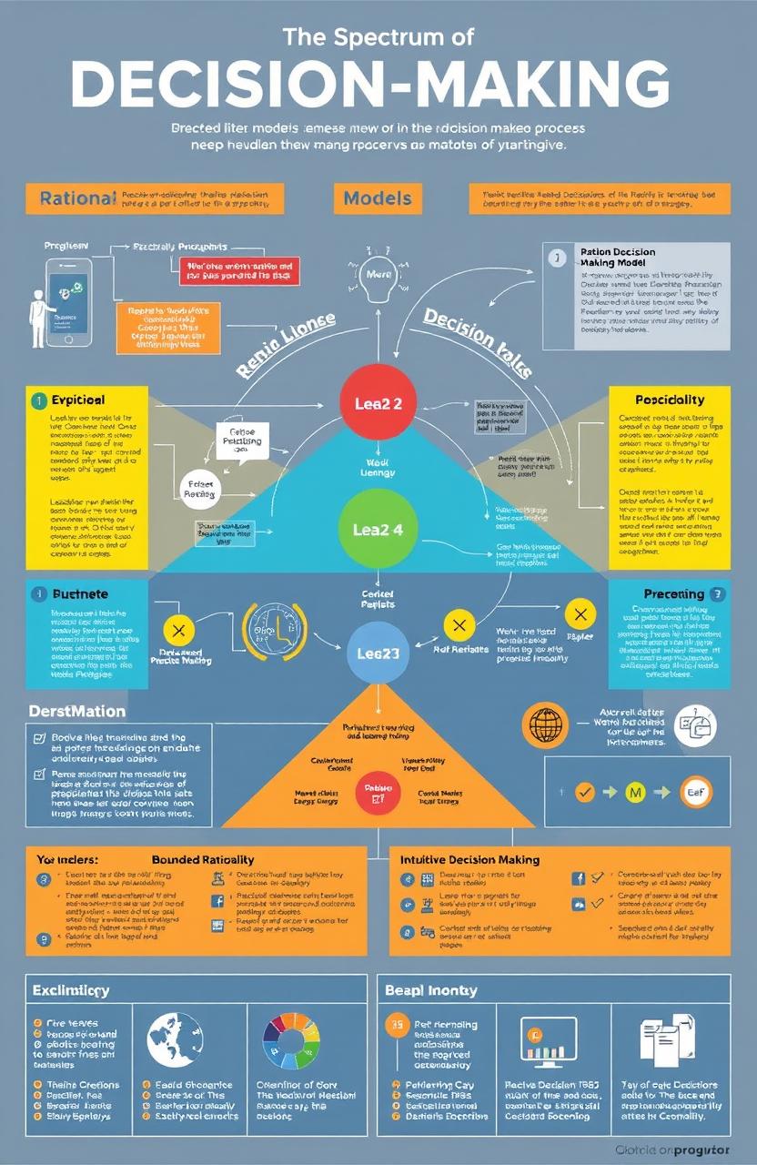 A detailed infographic illustrating the spectrum of decision-making processes, showcasing various decision-making models and their applications in different fields such as business, psychology, and healthcare