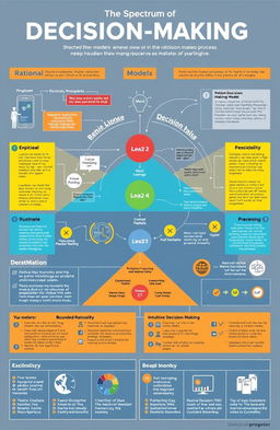 A detailed infographic illustrating the spectrum of decision-making processes, showcasing various decision-making models and their applications in different fields such as business, psychology, and healthcare