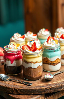 A delicious multicolored "Bolo de potes" (cake in jars) display featuring various flavors and ingredients like chocolate, vanilla, and strawberry layered beautifully in glass jars