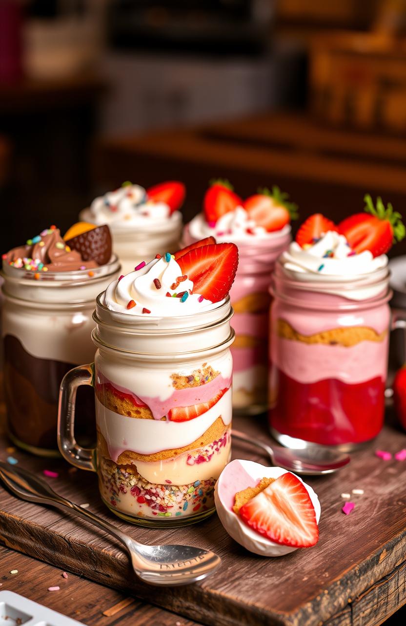 A delicious multicolored "Bolo de potes" (cake in jars) display featuring various flavors and ingredients like chocolate, vanilla, and strawberry layered beautifully in glass jars