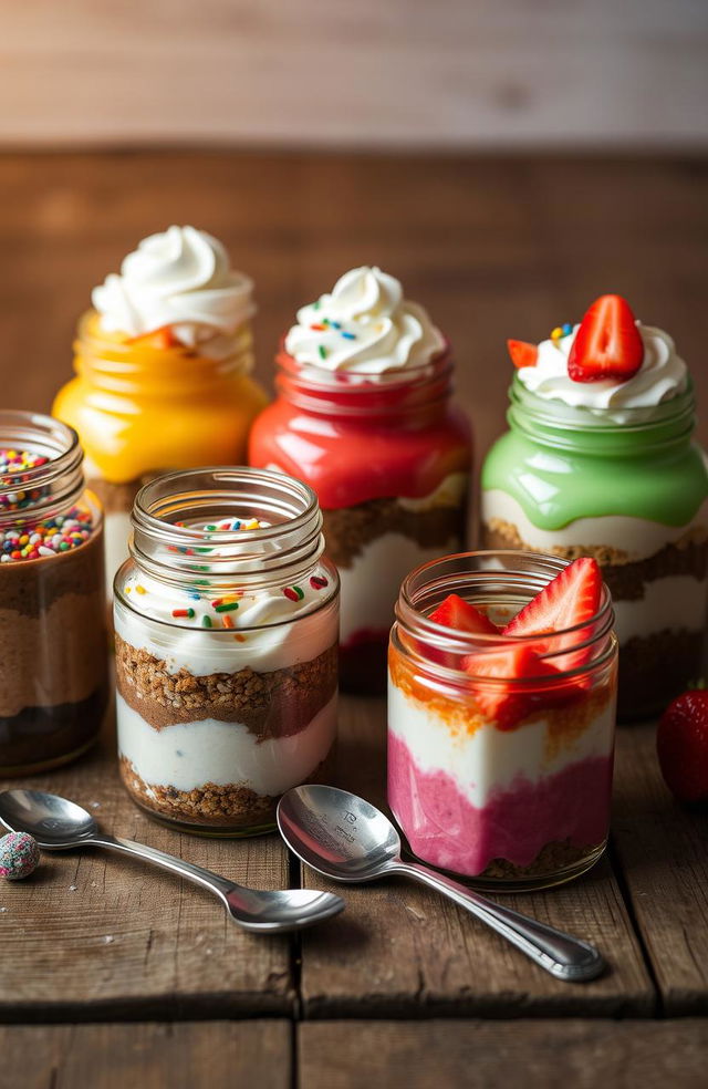 A delicious multicolored "Bolo de potes" (cake in jars) display featuring various flavors and ingredients like chocolate, vanilla, and strawberry layered beautifully in glass jars