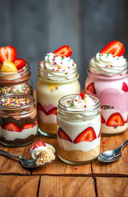 A delicious multicolored "Bolo de potes" (cake in jars) display featuring various flavors and ingredients like chocolate, vanilla, and strawberry layered beautifully in glass jars