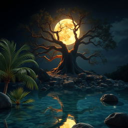 A highly realistic and natural night scene featuring a clear pond reflecting a large, glowing moon