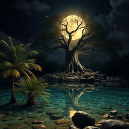A highly realistic and natural night scene featuring a clear pond reflecting a large, glowing moon