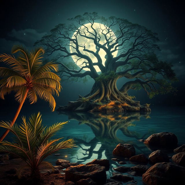 A highly realistic and natural night scene featuring a clear pond reflecting a large, glowing moon