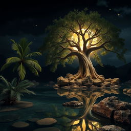 A highly realistic and natural night scene featuring a clear pond reflecting a large, glowing moon