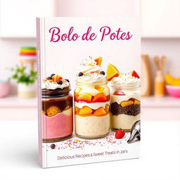 An engaging and colorful ebook cover design for a recipe book titled "Bolo de Potes" (Cake in Jars), featuring a beautifully arranged display of various cake jars