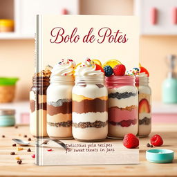 An engaging and colorful ebook cover design for a recipe book titled "Bolo de Potes" (Cake in Jars), featuring a beautifully arranged display of various cake jars