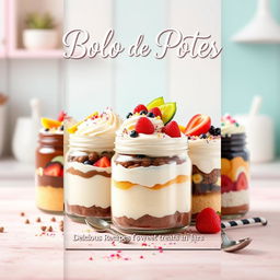 An engaging and colorful ebook cover design for a recipe book titled "Bolo de Potes" (Cake in Jars), featuring a beautifully arranged display of various cake jars