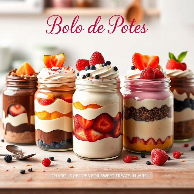 An engaging and colorful ebook cover design for a recipe book titled "Bolo de Potes" (Cake in Jars), featuring a beautifully arranged display of various cake jars