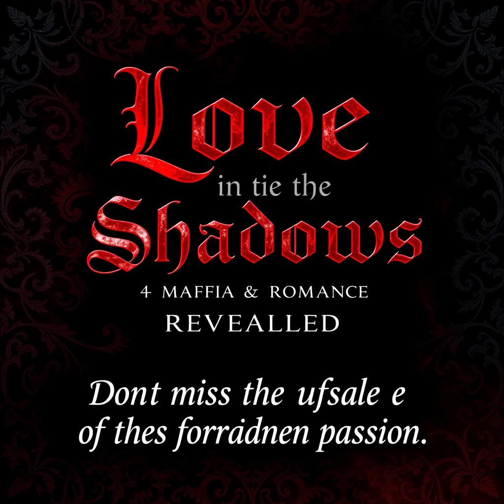 A dark romance ebook cover featuring the fictional title 'Love in the Shadows: A Mafia Romance Revealed' prominently displayed in an elegant and gothic font