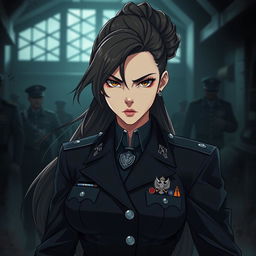 A fierce and elegant female Polish military officer depicted in a dark anime style