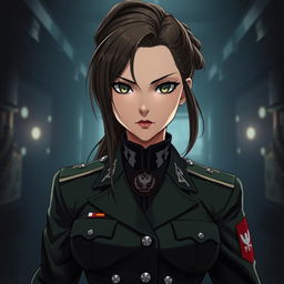 A fierce and elegant female Polish military officer depicted in a dark anime style