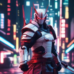 Generate an image of a regal Cyberpunk Samurai, dazzling in unique white armor adorned with vibrant red details