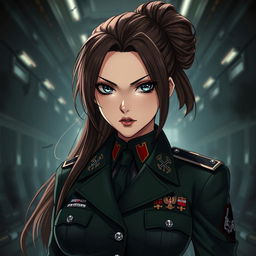 A fierce and elegant female Polish military officer depicted in a dark anime style