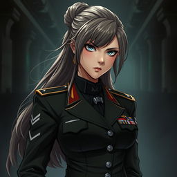 A fierce and elegant female Polish military officer depicted in a dark anime style