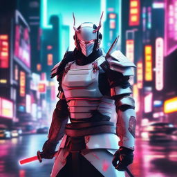 Generate an image of a regal Cyberpunk Samurai, dazzling in unique white armor adorned with vibrant red details